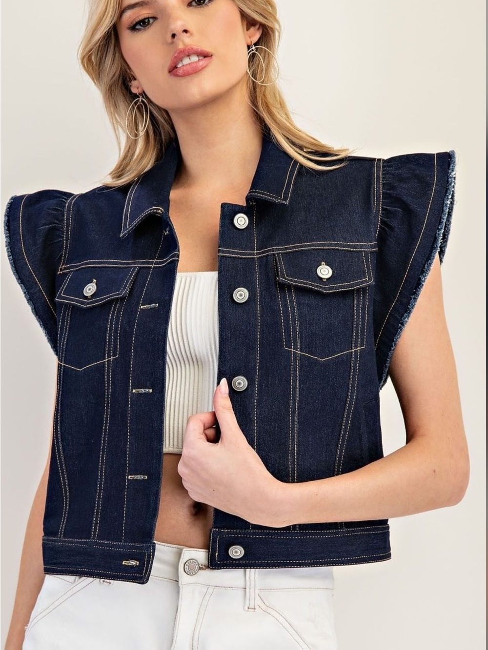 eesome Dark Blue Denim Cropped Cap-Sleeve Vest